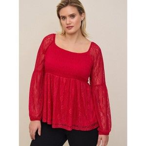 Babydoll Stretch Lace Smocked Bodice Square Neck Top - Torrid 2- NWT